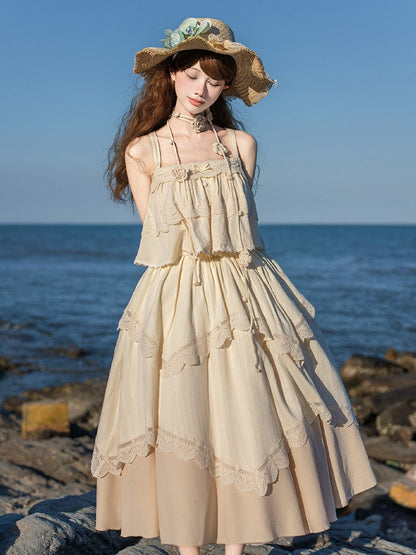 Beige Adjustable Strap Sleeveless Lace Top - With PUJI
