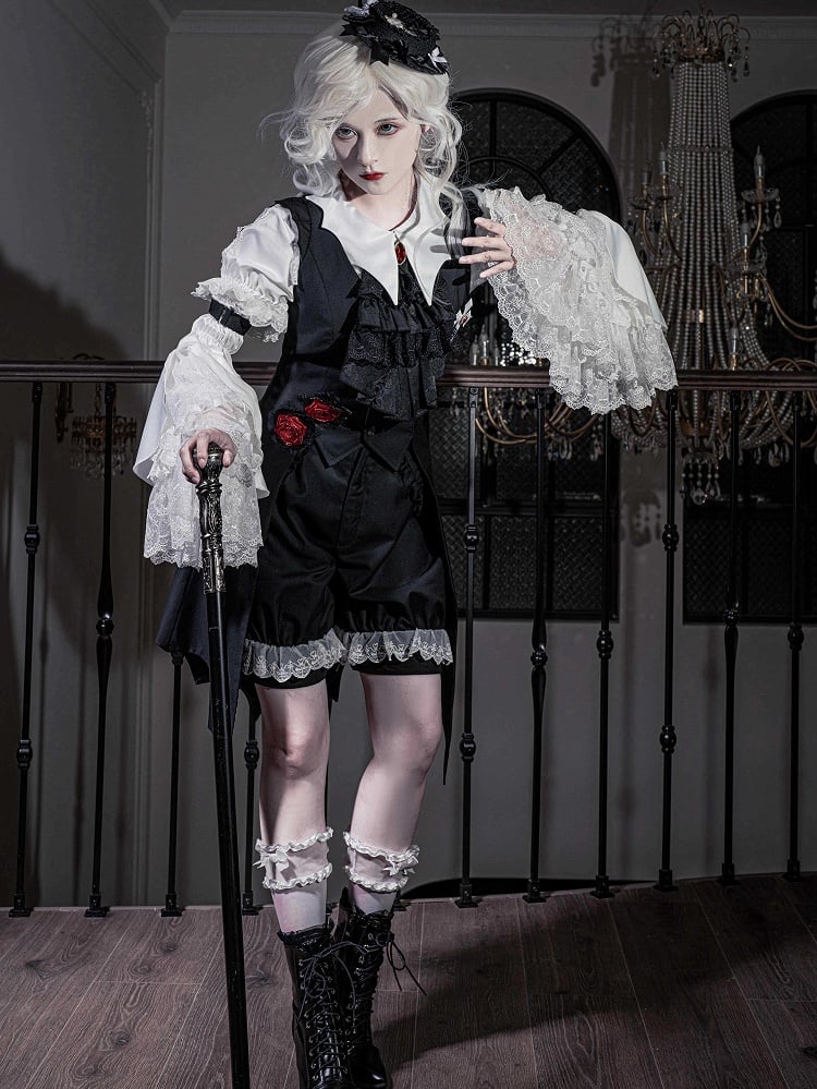 Black Fashion Cuffs Ouji White Shorts Lace Lolita Trimming