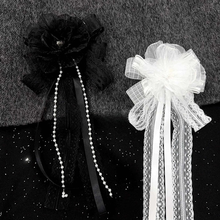 Bowknot with Charm White/Black Design Floral Beaded Hairclip/Brooch