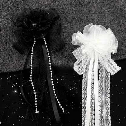 Bowknot with Charm White/Black Design Floral Beaded Hairclip/Brooch