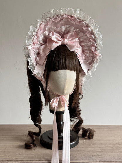 Bonnet Pink/Pink with Lace-Trimmed Striped Blue Bowknots