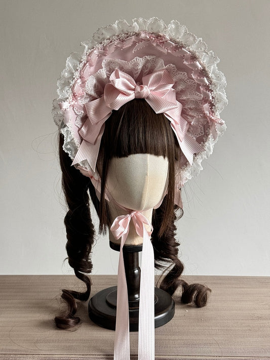 Bonnet Pink/Pink with Lace-Trimmed Striped Blue Bowknots