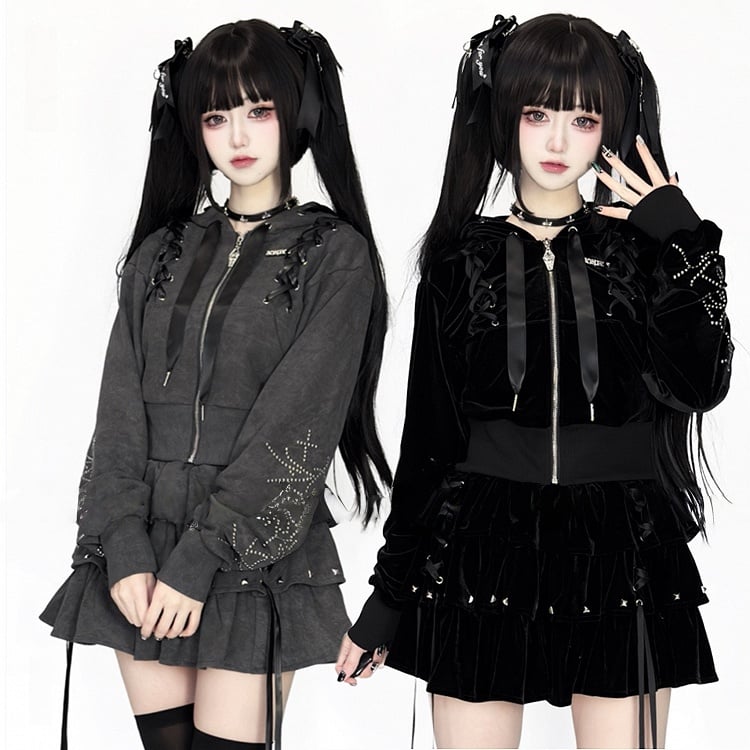 Kei Velvet Black Lace-Up Jirai Stud-Decorated Hoodie Dark