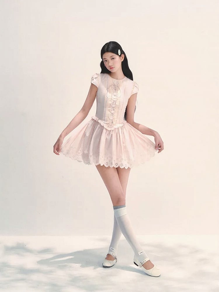 Detail Lace-up with Design Flower Cutout Tie Princess Front Pink Dress