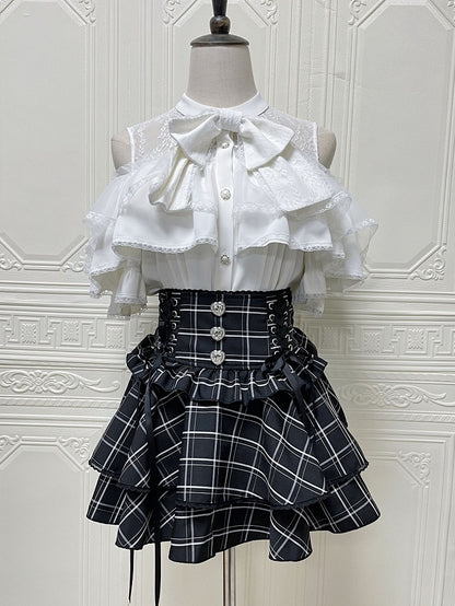 Short Jirai Off-shoulder White With Blouse Tie Bow Illusion Kei Sleeve