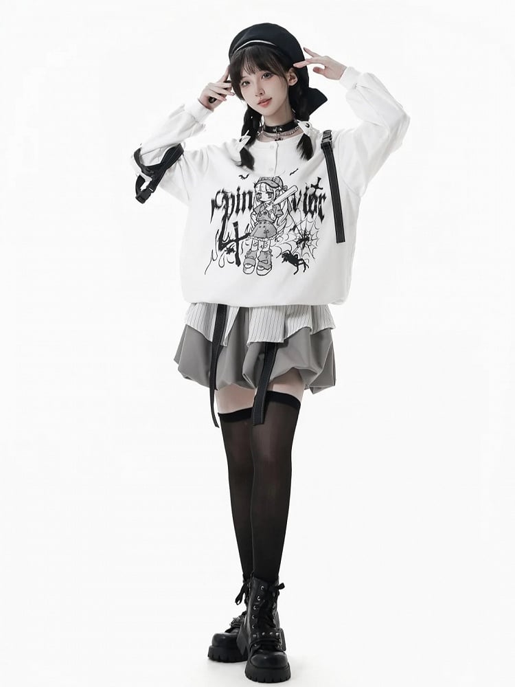 and Anime Graffiti Print Techwear-Style Straps with Girl Letter Snap Detachable Black/White Sweatshirt