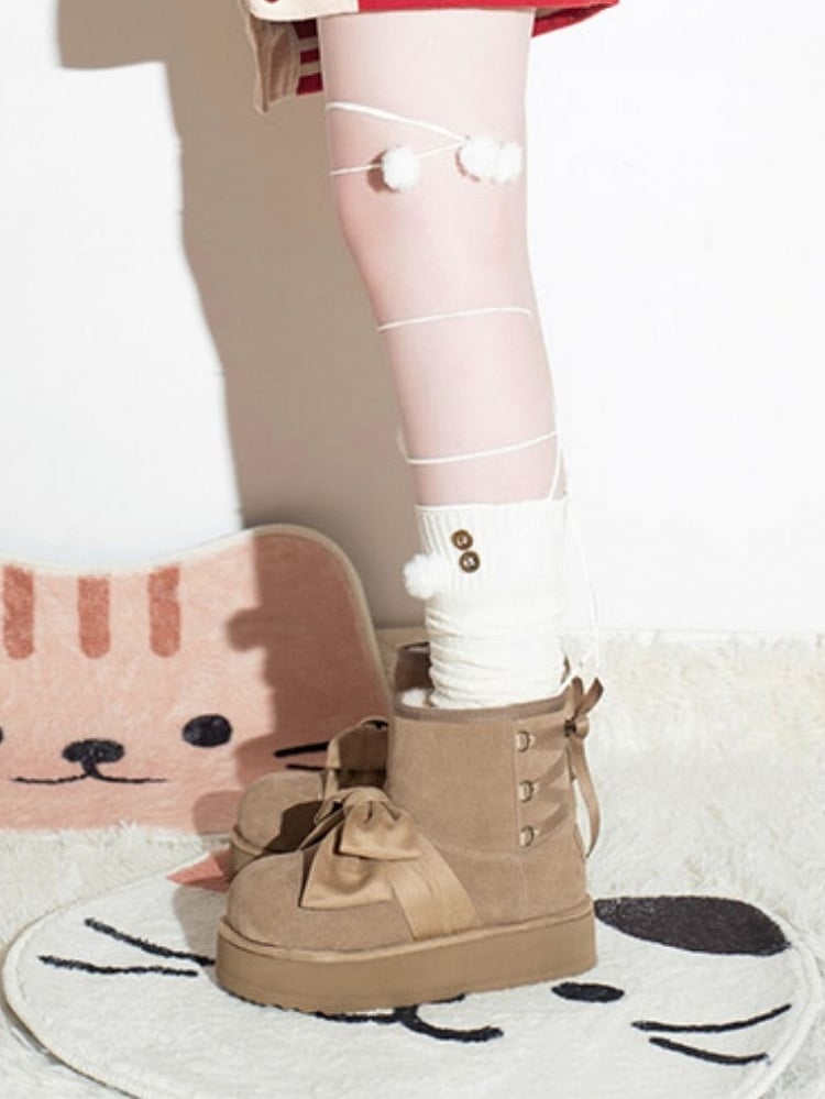 Charming Bow Design with Back Tie Closure Khaki Winter Boots in Sweet Lolita