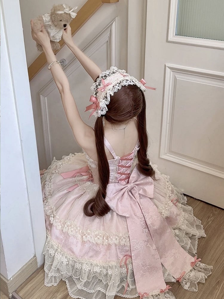 Kleid Rock verziert süß Jumper Lolita Balletcore rosa Bowknots