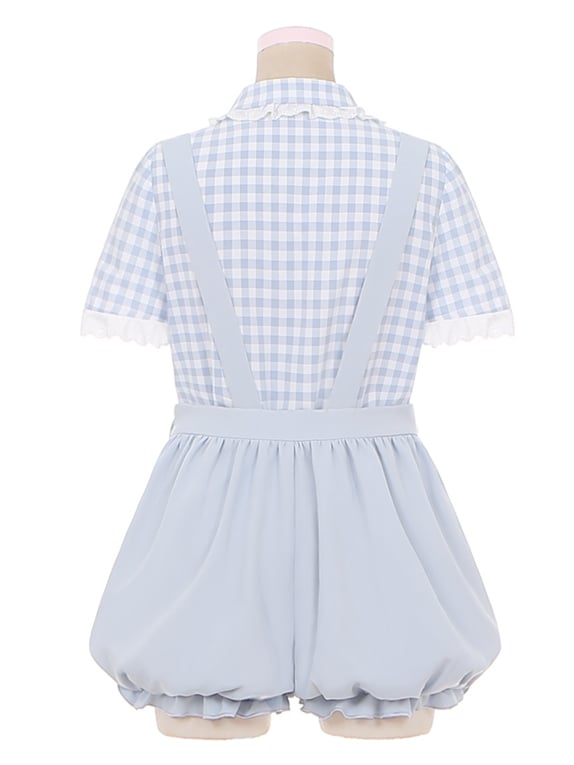 Little Penguin Blue Plaid Short Sleeves Blouse Lace Trim