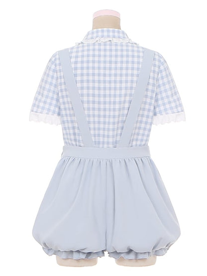 Little Penguin Blue Plaid Short Sleeves Blouse Lace Trim