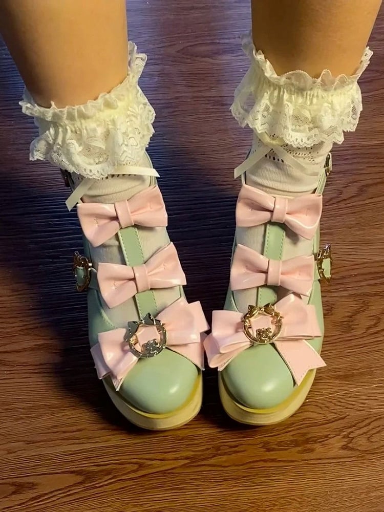 Pink Snap - Green Lolita Toe Pointed Bow Accents Ornate Hime Platforms Design