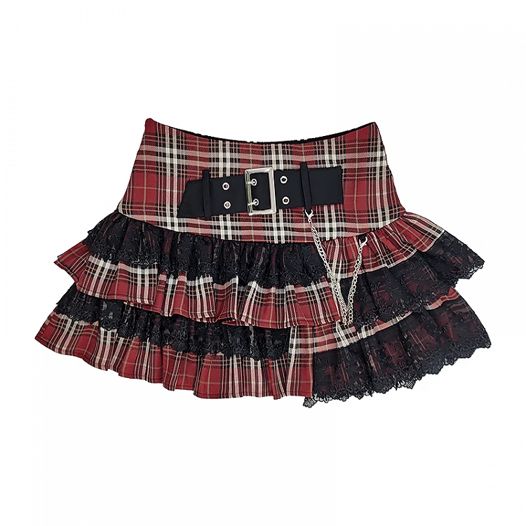 Stufenrock Gefütterter Riemenbesatz Y2K Rot Karierte Schnalle Spitze