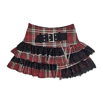 Stufenrock Gefütterter Riemenbesatz Y2K Rot Karierte Schnalle Spitze