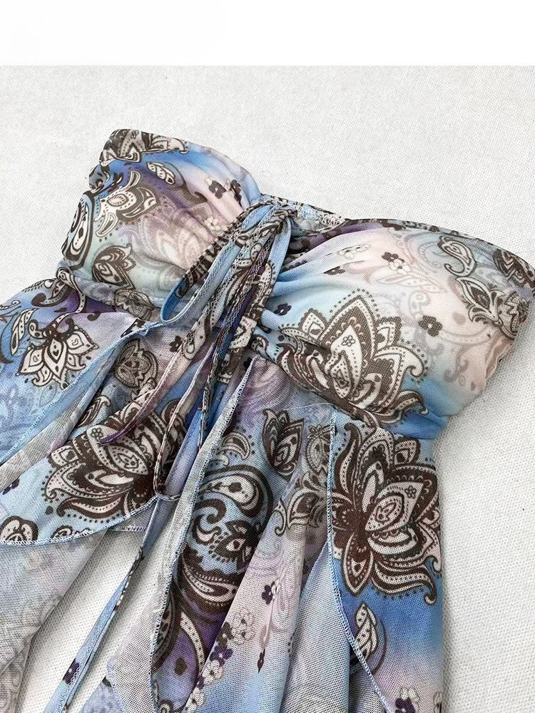 ブルーホリデーフリルプリントトップチューブアクセントデザインカスケーディング