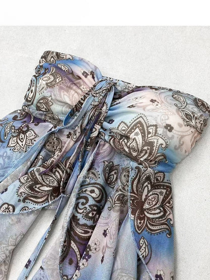 ブルーホリデーフリルプリントトップチューブアクセントデザインカスケーディング