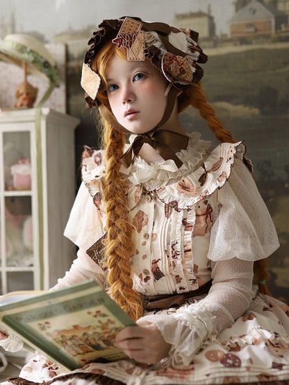 Yellow Lolita Brown Cookie and Ruffle Hamster Sweet Dress Print Hem