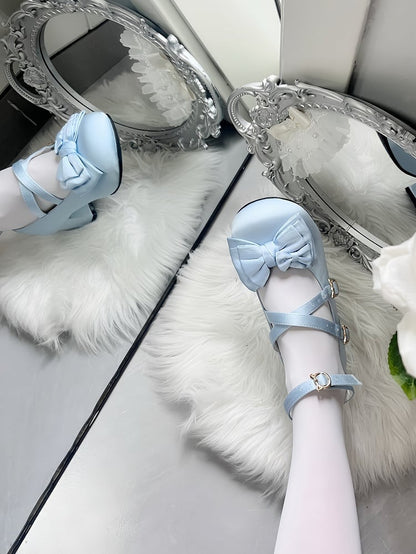 Sky Blue Elegant Mid-heel Mary Janes for Lolita with Bow Details, Cat-shaped Closure & Crisscross Design