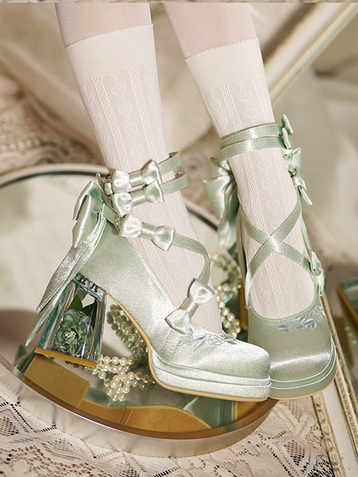 Camellia Heels Janes Accents Green Bow Mary with Block Platform High Elegant - 9cm