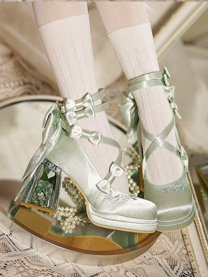 Camellia Heels Janes Accents Green Bow Mary with Block Platform High Elegant - 9cm