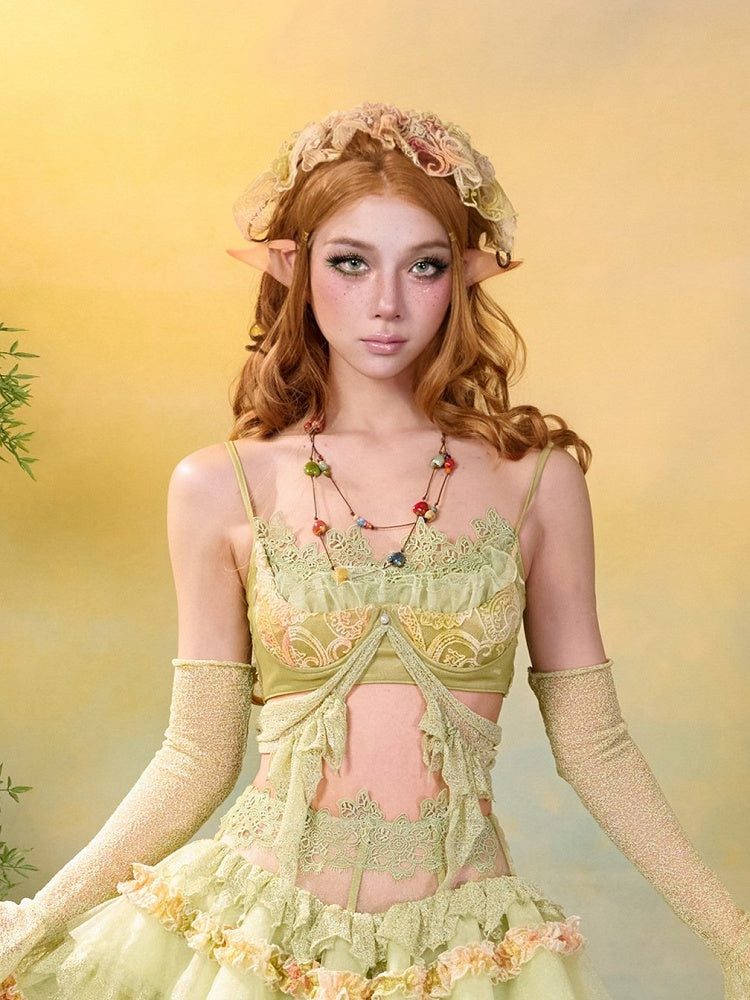 Green & Yellow Summer Fairycore Mori Kei Sleeveless Top with Lace Trim - Virtual Orbit