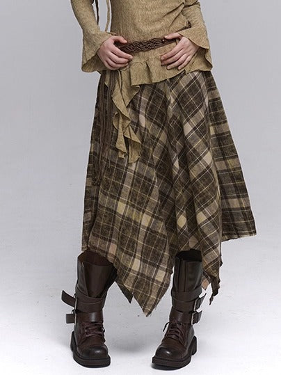 with Belt Zipper Detachable Gothic Hem Skirt Plaid Side Coffee Handkerchief