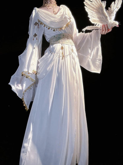 Greek-inspired White Lolita Gold Chiffon Corset Dress + Belt with Accents Embroidered
