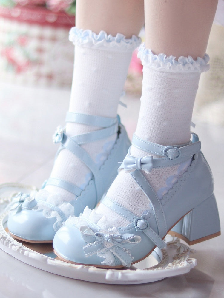 Blue at Heart Lolita mit Spitzenoberteil und Patch, mittelhohem Absatz, Schleife und Rüschen