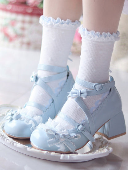 Blue at Heart Lolita mit Spitzenoberteil und Patch, mittelhohem Absatz, Schleife und Rüschen