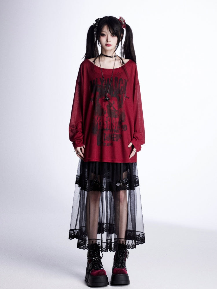 Grafisches Vintage-Coverup, rot, halbtransparent, asymmetrischer Ausschnitt, Sonnenschutz