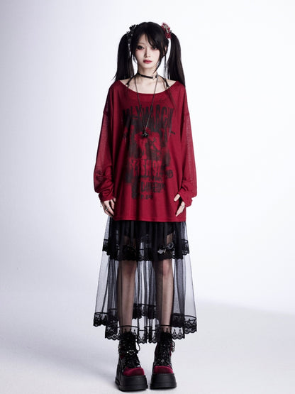 Graphic Vintage Coverup Red Semi-sheer Asymmetrical Neckline Sun Protection