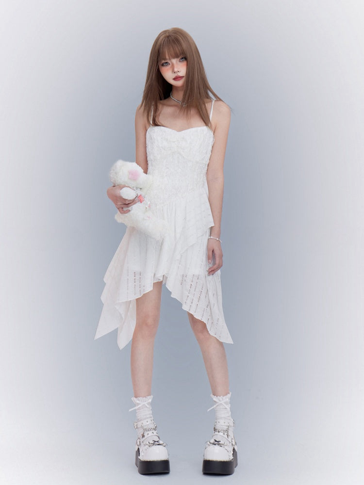 White Asymmetrical Waistline Handkerchief Hem Spaghetti Strap Dress