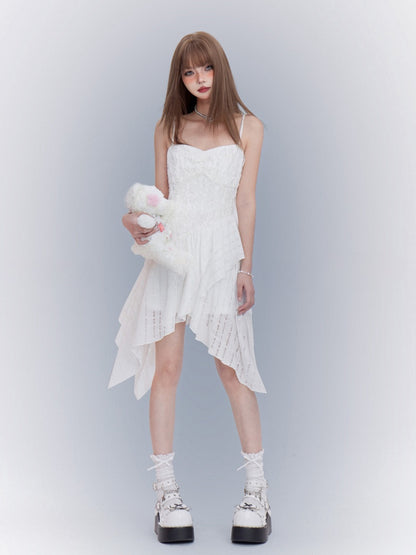 White Asymmetrical Waistline Handkerchief Hem Spaghetti Strap Dress