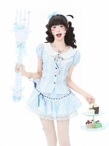 Peter with Striped Pan Polka Blue Collar Puff and Dot Blouse Sweet Sleeves