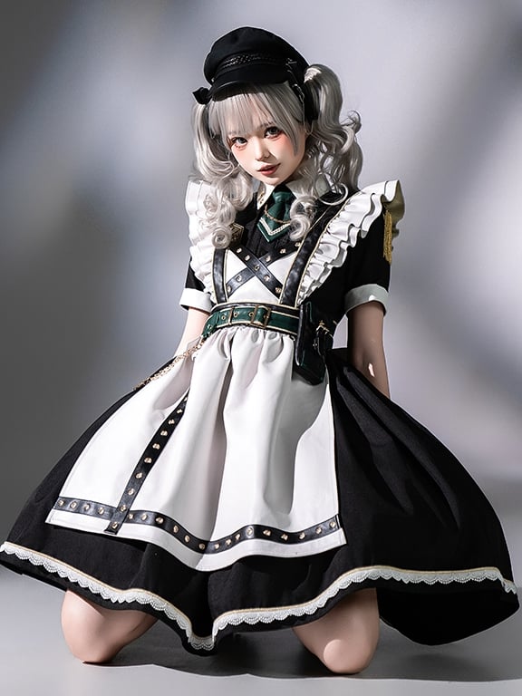 Kleid kurz Militär voller Lolita Flatterärmel und Dienstmädchen Schürze Set schwarz