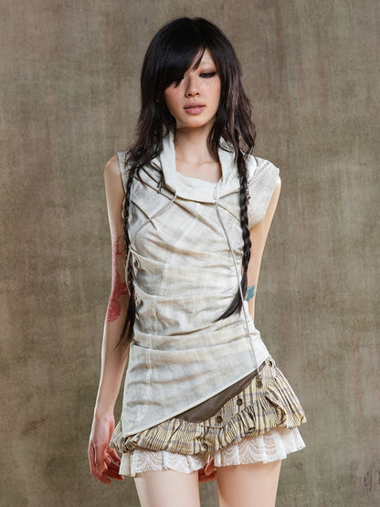 Vest Neckline Punk Apricot Multi-Wear with Zipper Drawstring Collar Asymmetrical