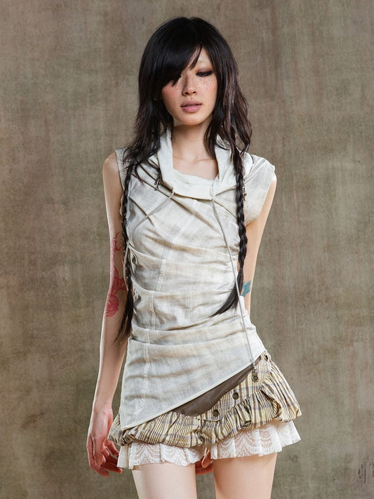 Vest Neckline Punk Apricot Multi-Wear with Zipper Drawstring Collar Asymmetrical