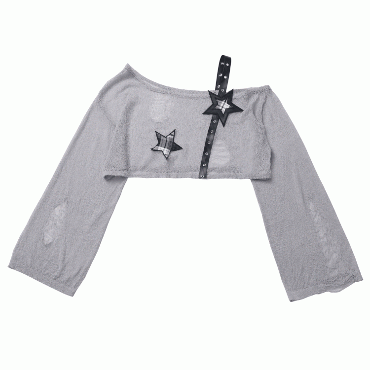 Coverup Schwarz/Grau Stern Distressed Löcher Punk Rock Strap Hohl-Out Cropped