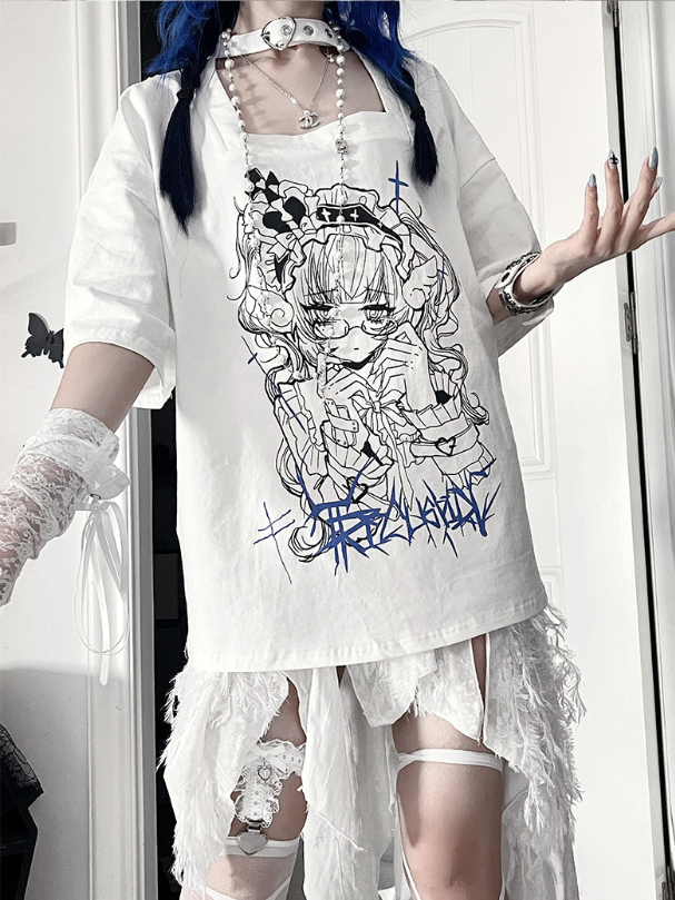 Back Square Neck Print Gothic Lace-UpAnime Sleeve White Topwith Short
