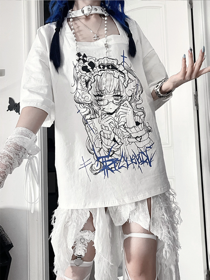 Back Square Neck Print Gothic Lace-UpAnime Sleeve White Topwith Short