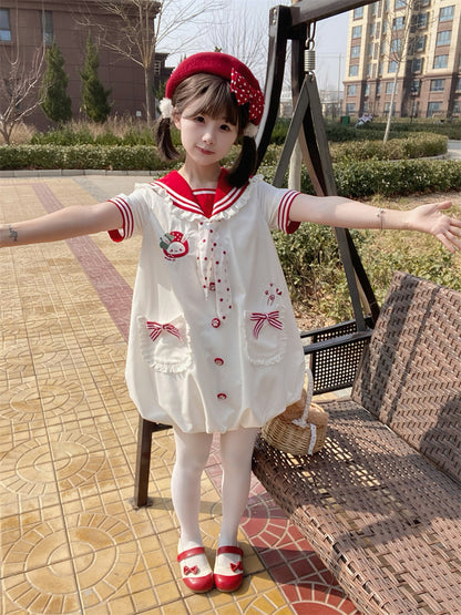 Pink/Red Bubble Adorable Bunny Ear Design Ruffled Sailor Collar Skirt Dress