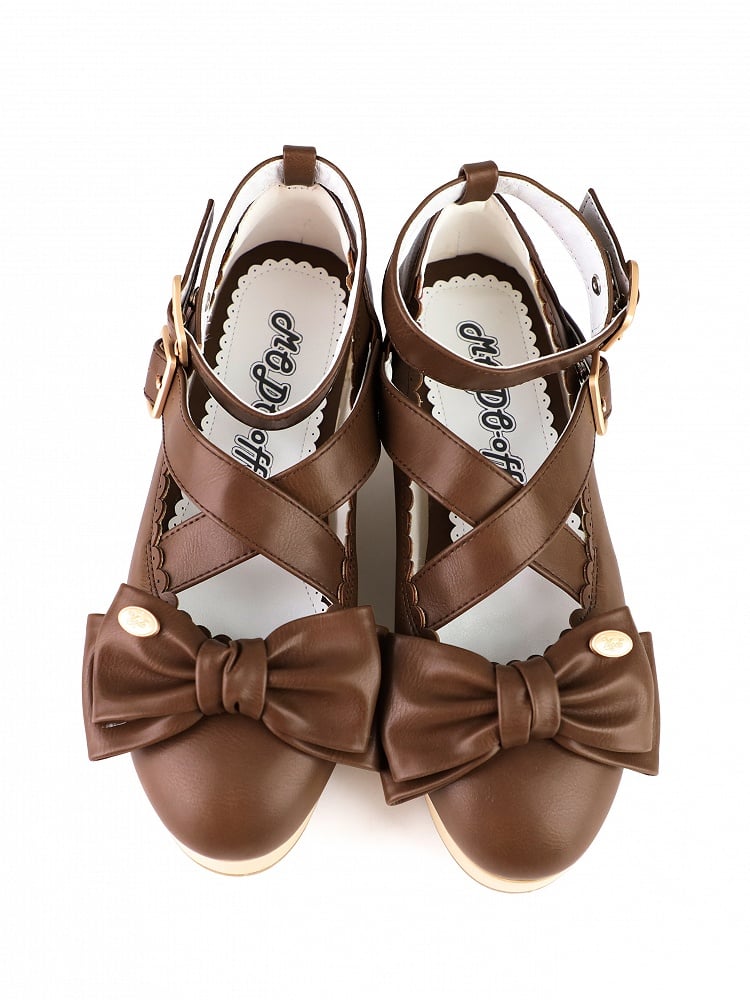 Wood Crossed Heel Platform with Brown Straps Grain - Sweet Lolita Janes Bow Mary Decor