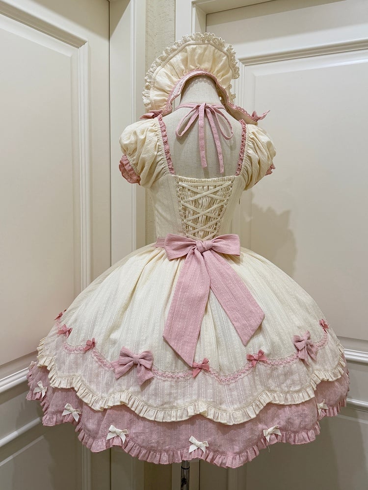 Scalloped Edge Scool Lolita Cotton Yellow Skirt Accents Pink Dress and Bow Old Trim