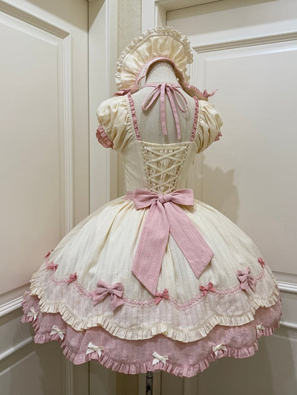 Scalloped Edge Scool Lolita Cotton Yellow Skirt Accents Pink Dress and Bow Old Trim