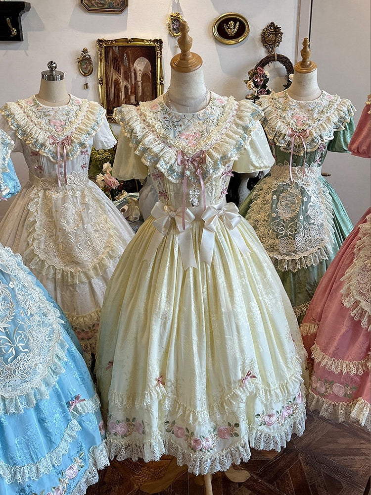 Yellow Embroidered Classic Lolita OP Dress with Scalloped Lace Hem