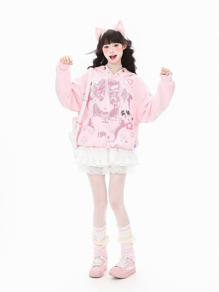 Hoodie White/Pink Lace and Girl Cartoon Winged Print Drawstrings with