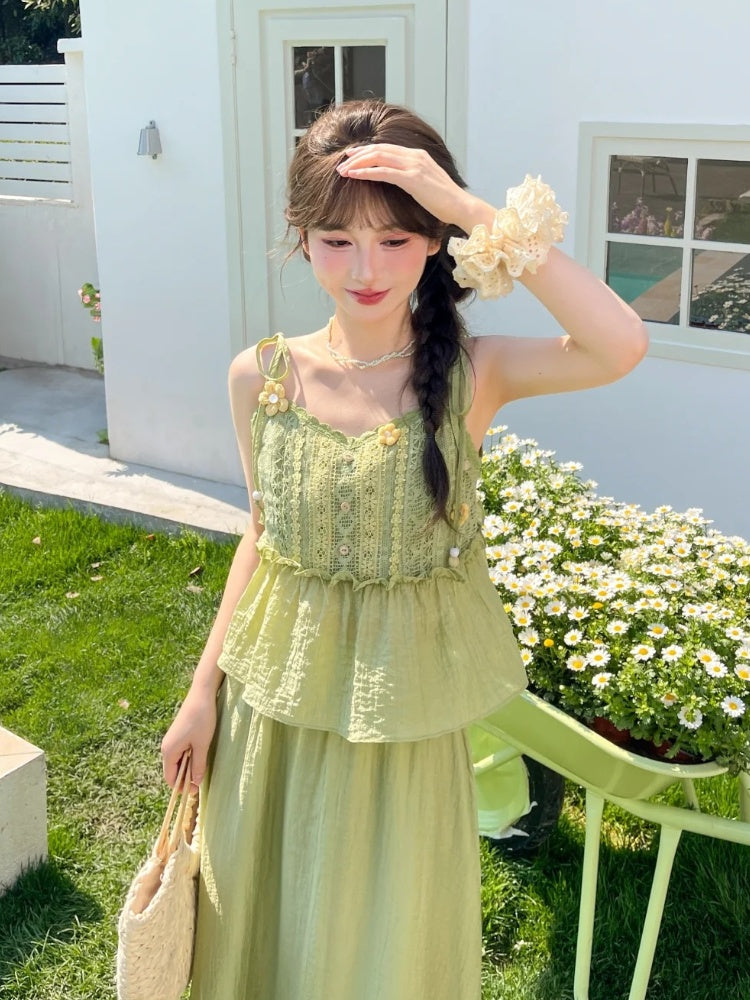 キャミトップ モリケイ グリーン ニット フローラルアクセント