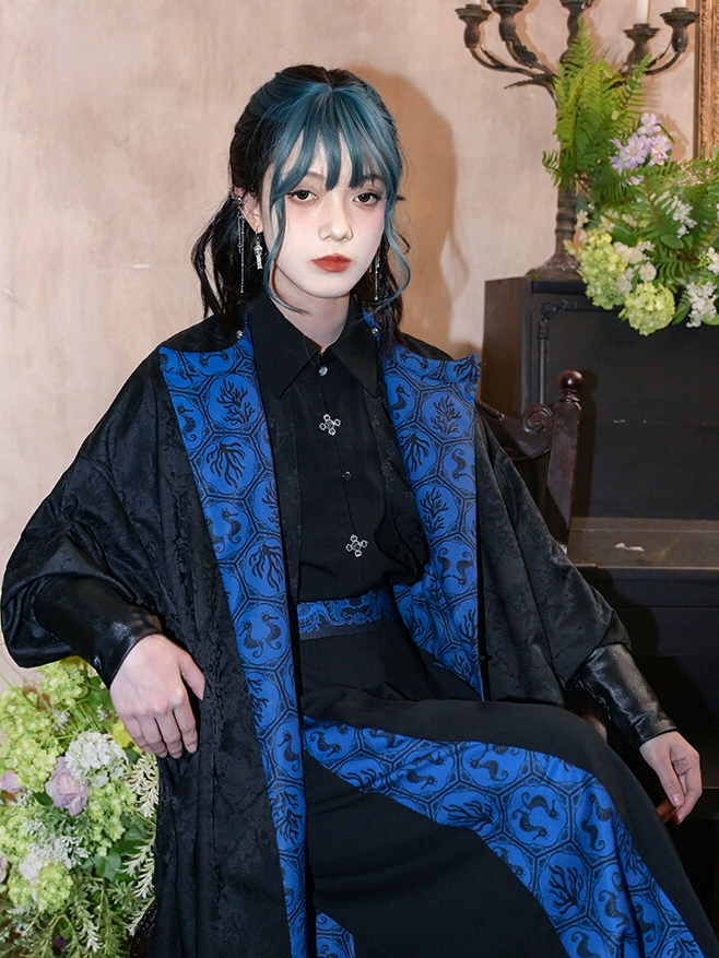 Cheongsam Style Long Coat Print and Blue Coral Black Jacquard Seahorses Reversible