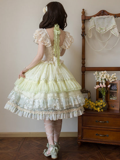 Jacquard Korsett Herz Ärmel Stoff Top Flatter Tiered Elfenbein