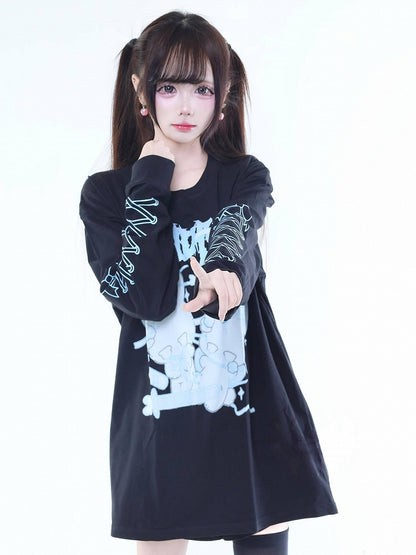 Bunny Black Jirai Kei Lace-Up with T-Shirt Print Long-Sleeve