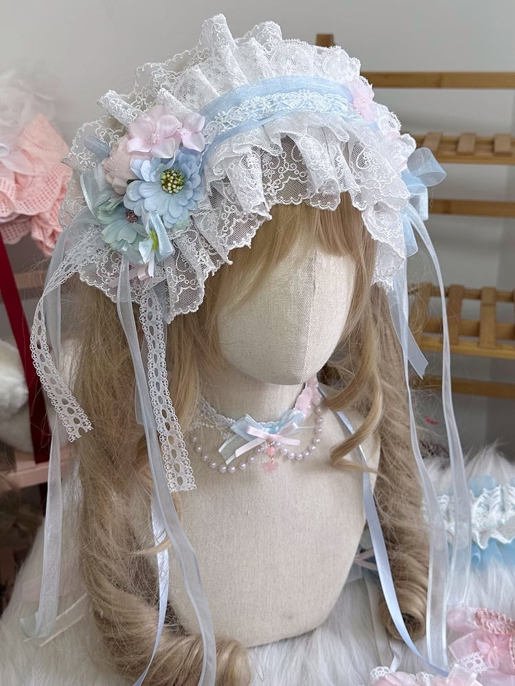 Ruffled Lolita Pink Flower Hairband Details Handmade Blue